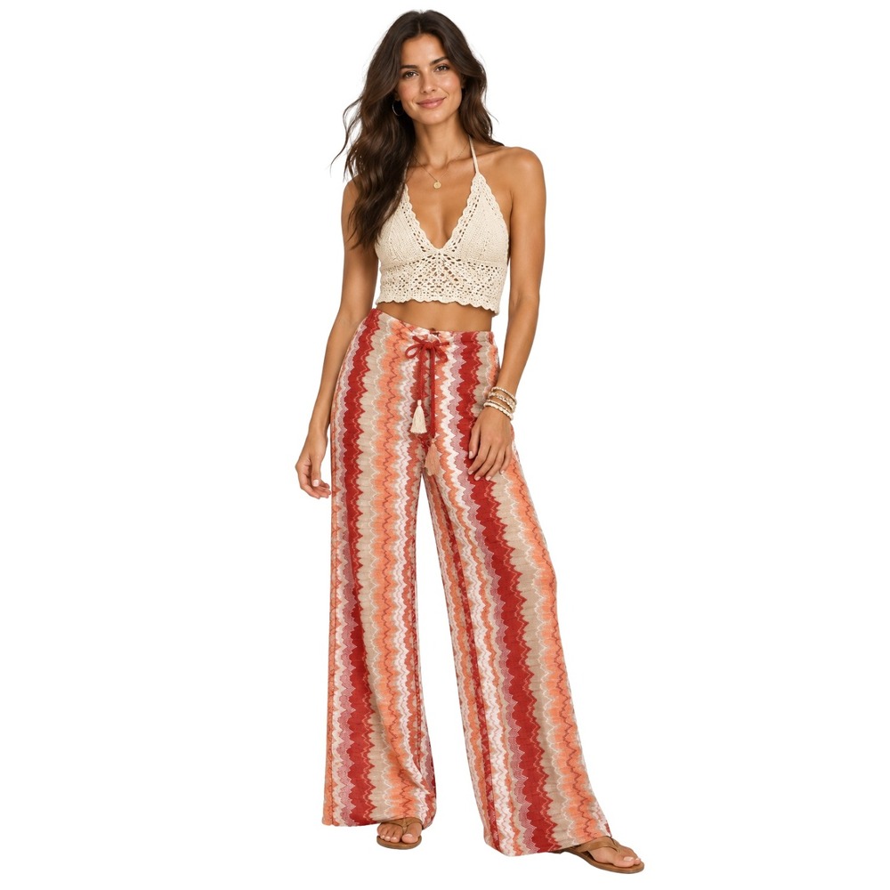 Becca Pants Womens Medium Beach Cover Up Chevron Knit Wide Leg Side Slits Resort